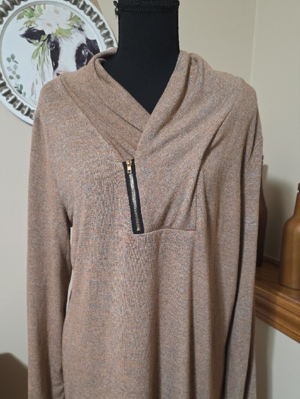 Cozy Taupe Long-Sleeve Drape Neck Dress with Zip Detail - Picture 2 of 6